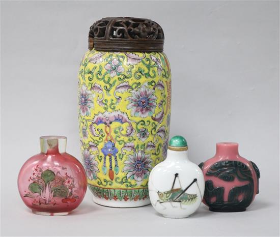 Three Chinese snuff bottles and a yellow ground Chinese vase